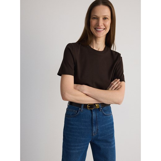 Reserved - T-shirt z bawełny merceryzowanej - brązowy ze sklepu Reserved w kategorii Bluzki damskie - zdjęcie 187612451