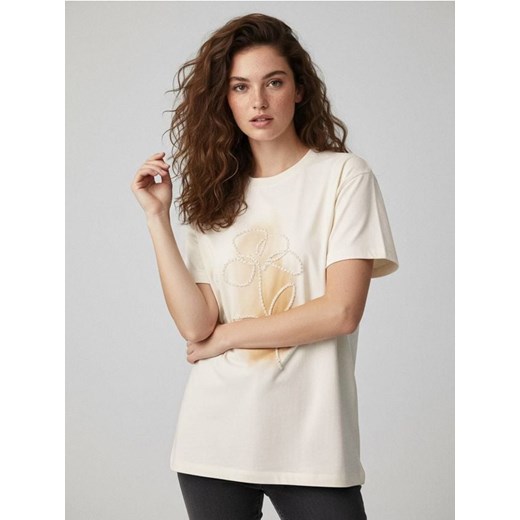 Sinsay - Bawełniana koszulka z krótkim rękawem - kremowy ze sklepu Sinsay w kategorii Bluzki damskie - zdjęcie 187615421