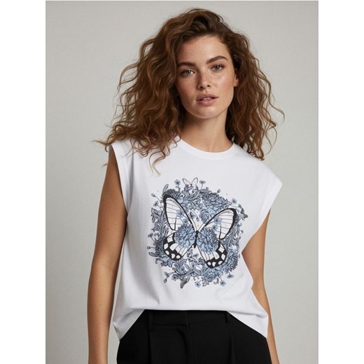 Sinsay - Koszulka z nadrukiem i ozdobnymi cyrkoniami - biały ze sklepu Sinsay w kategorii Bluzki damskie - zdjęcie 187615424