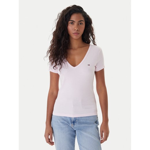 Tommy Jeans T-Shirt Essential DW0DW17385 Różowy Slim Fit ze sklepu MODIVO w kategorii Bluzki damskie - zdjęcie 187622661