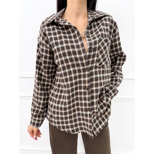 Czekoladowa Flanelowa Koszula w Kratę ze sklepu ModnaKiecka.pl w kategorii Koszule damskie - zdjęcie 187623740