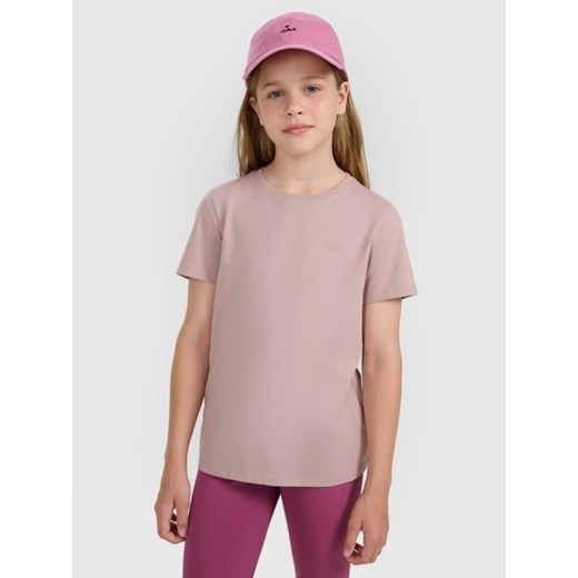 Dziewczęcy t-shirt bez nadruku 4F 4FJRAW25TTSHF3233 - beżowy ze sklepu Sportstylestory.com w kategorii Bluzki dziewczęce - zdjęcie 187623964