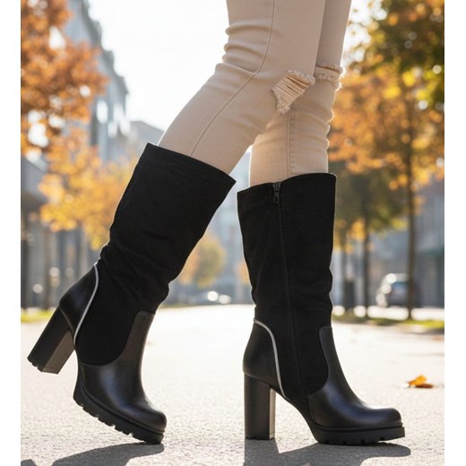 Wysokie zimowe botki na słupku /E1-1 18560 G484/ ze sklepu Pantofelek24.pl w kategorii Botki - zdjęcie 187630891