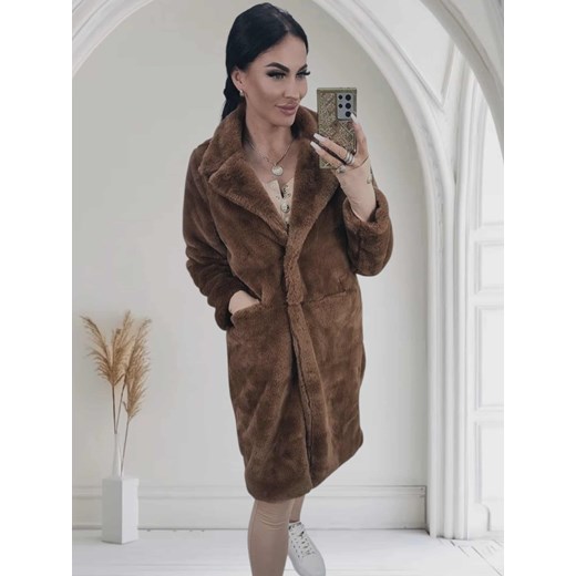 długi ciepły płaszcz futerko laponia z imitacji futra - czekoladowe ciemny brąz ze sklepu STYLOWO w kategorii Futra damskie - zdjęcie 187631011