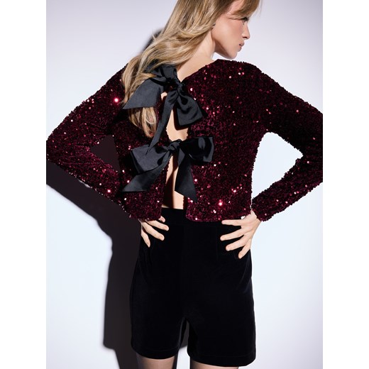 Mohito - Cekinowa bordowa bluzka z kokardkami - kasztanowy ze sklepu Mohito w kategorii Bluzki damskie - zdjęcie 187631450