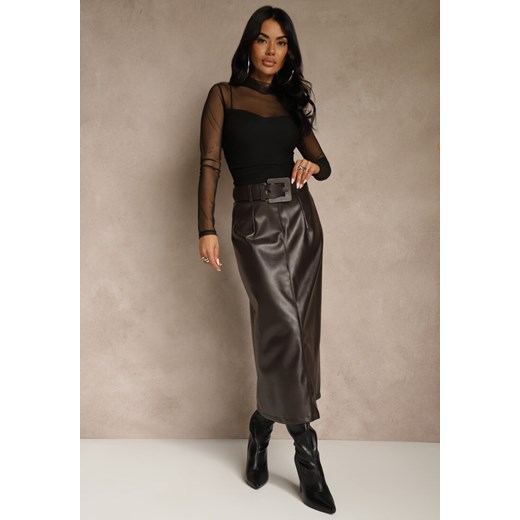 Brązowa Ołówkowa Spódnica z Imitacji Skóry z Paskiem z Wyrazistą Klamrą Rewedana ze sklepu renee.pl w kategorii Spódnice - zdjęcie 187632144
