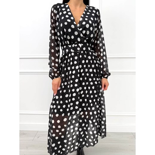 Czarna Kopertowa Sukienka w Grochy ze sklepu ModnaKiecka.pl w kategorii Sukienki - zdjęcie 187635624