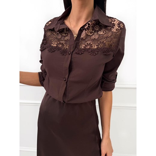 Czekoladowa Koszula z Koronką ze sklepu ModnaKiecka.pl w kategorii Koszule damskie - zdjęcie 187635642