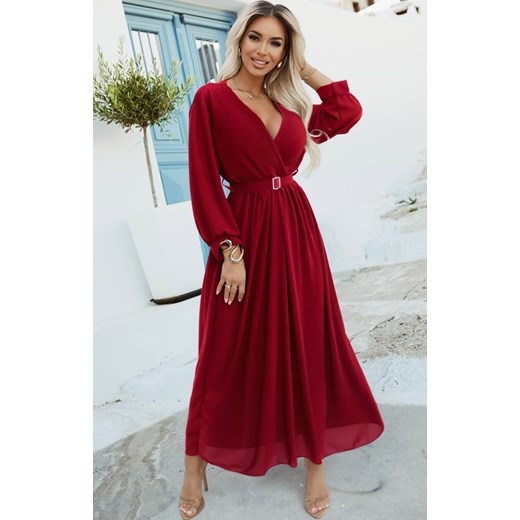 Elegancka plisowana sukienka maxi z paskiem bordowa 639-1, Kolor bordowy, Rozmiar one size, NUMOCO BASIC ze sklepu Primodo w kategorii Sukienki - zdjęcie 187642540