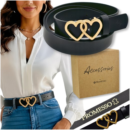 POLSKI PASEK DAMSKI SKÓRA ZŁOTA KLAMRA DWA SERCA ze sklepu PROMESSO w kategorii Paski damskie - zdjęcie 187643561