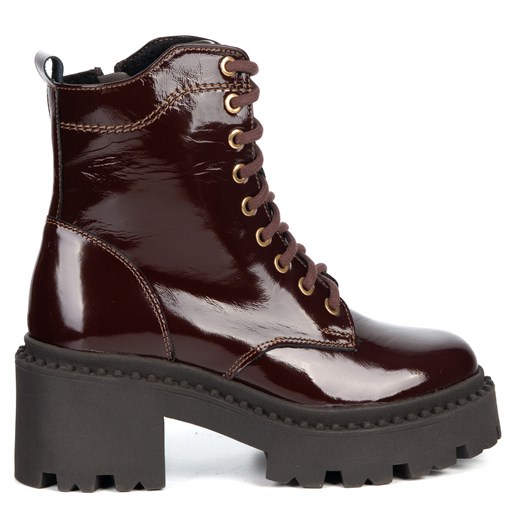 Botki damskie skórzane Olivier 404BB sznurowane na słupku z zamkiem bordowe ze sklepu butyolivier w kategorii Botki - zdjęcie 187647441