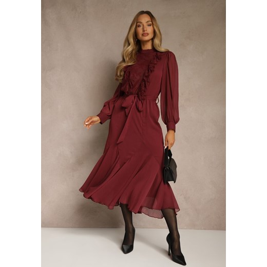 Bordowa Romantyczna Sukienka z Bufiastymi Rękawami i Falbanką z Koronki Sewmira ze sklepu renee.pl w kategorii Sukienki - zdjęcie 187648151