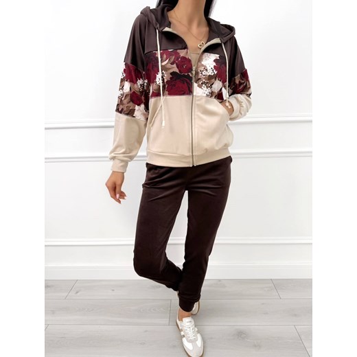 Ciemnobrązowy Welurowy Komplet w Kwiaty ze sklepu ModnaKiecka.pl w kategorii Komplety i garnitury damskie - zdjęcie 187651752