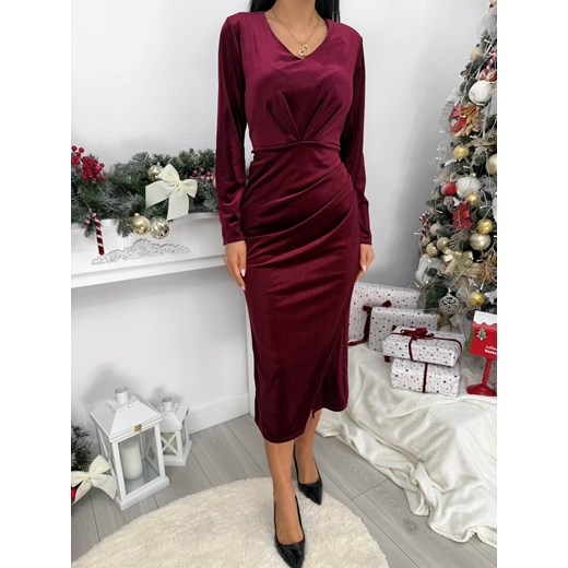 Bordowa Welurowa Sukienka z Marszczeniem Modnakiecka.pl 46 ModnaKiecka.pl