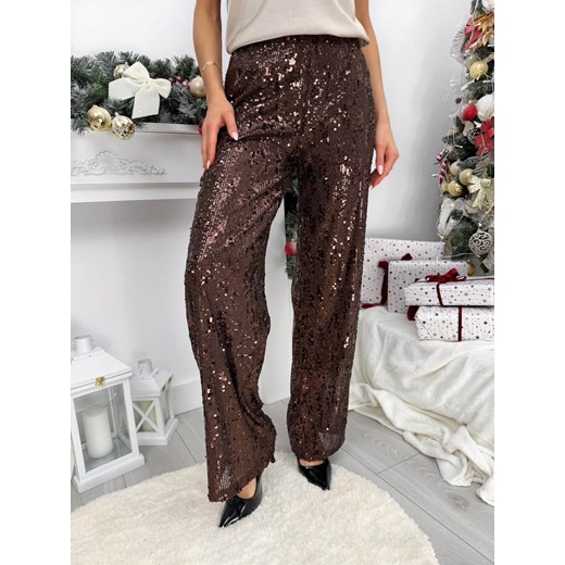 Czekoladowe Cekinowe Spodnie z Szerokimi Nogawkami ze sklepu ModnaKiecka.pl w kategorii Spodnie damskie - zdjęcie 187651860