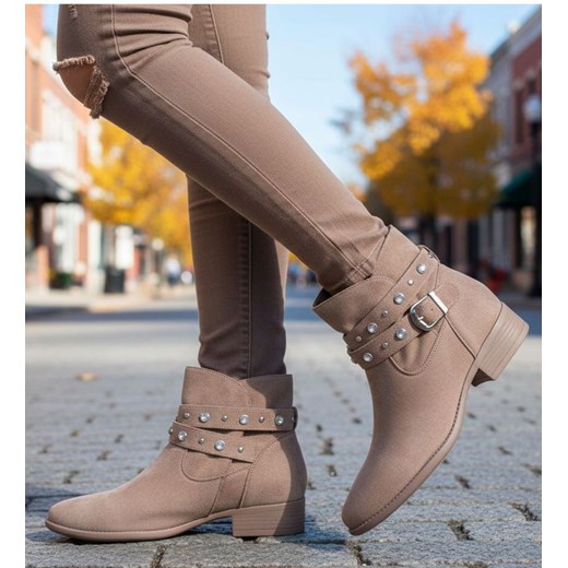 Zamszowe botki damskie khaki /J5-3 18553 W222/ ze sklepu Pantofelek24.pl w kategorii Botki - zdjęcie 187660624