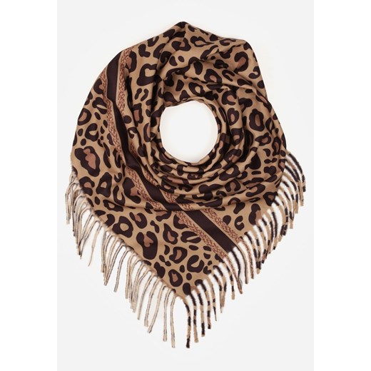 Ciemnobrązowy Wiskozowy Szalik w Panterkę Wykończony Frędzlami Alefera ze sklepu renee.pl w kategorii Szaliki i chusty damskie - zdjęcie 187665642