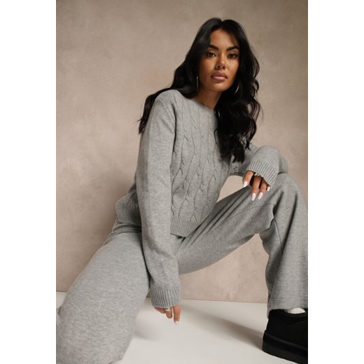 Szary Dzianinowy Komplet z Wełną Spodnie Wide Leg i Sweter Cropped Nezera ze sklepu renee.pl w kategorii Komplety i garnitury damskie - zdjęcie 187665900