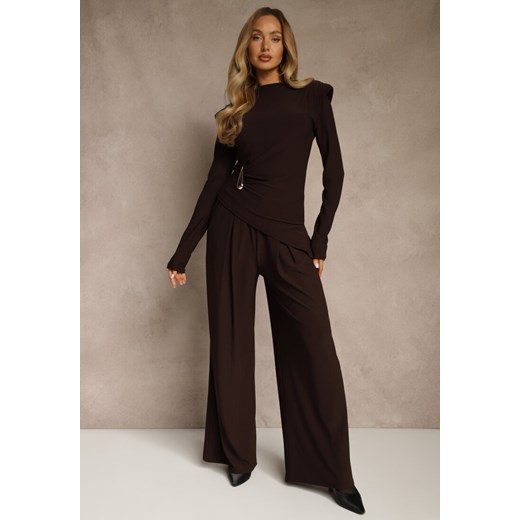 Brązowy Elegancki Komplet Spodnie Wide Leg i Bluzka z Poduszkami w Ramionach Sewinea ze sklepu renee.pl w kategorii Komplety i garnitury damskie - zdjęcie 187667373