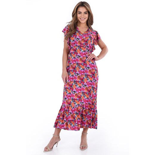 Sukienka FSU1120 EKRI pomarańczowo amarantowe kwiaty ze sklepu fokus.pl w kategorii Sukienki - zdjęcie 187670950