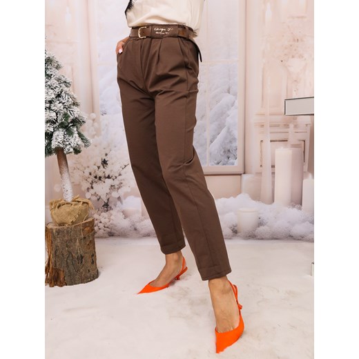 SPODNIE MATERIAŁOWE Z NASZYWKĄ+ PASEK- CZEKOLADOWE ze sklepu olika.com.pl w kategorii Spodnie damskie - zdjęcie 187677553