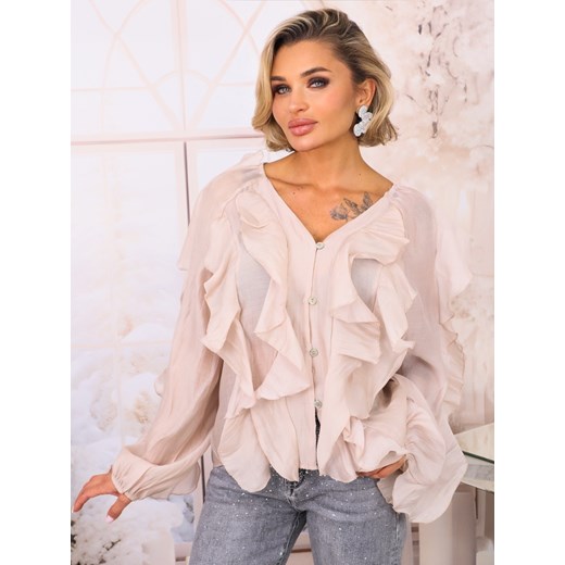 KOSZULA Z FALBANAMI ZAPINANA NA GUZIKI- BEŻOWA ze sklepu olika.com.pl w kategorii Koszule damskie - zdjęcie 187677574