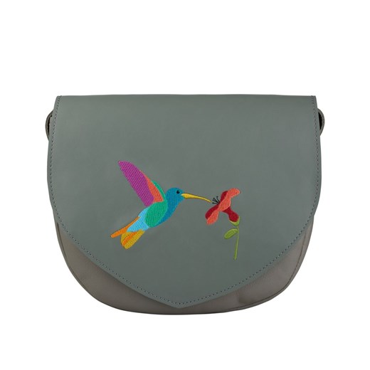 popielata torebka damska skórzana z haftem koliber Birdy na ramię ze sklepu Słoń Torbalski w kategorii Listonoszki - zdjęcie 187680062