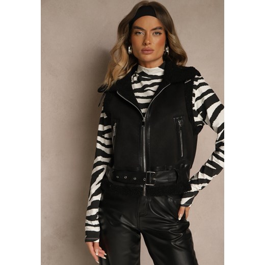 Czarna Kamizelka w Rockowym Stylu z Futerkiem w Stylu Baranka i Klamrą Tiofira ze sklepu renee.pl w kategorii Kamizelki damskie - zdjęcie 187680553