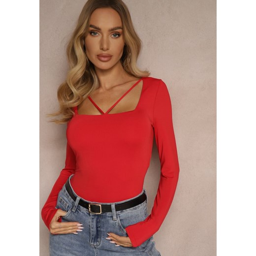 Czerwona Bluzka z Wiskozą Ozdobiona Paskami przy Dekolcie Tatosira ze sklepu renee.pl w kategorii Bluzki damskie - zdjęcie 187683660