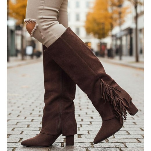 Czekoladowe kozaki boho do kolan na obcasie /F2-118586 G688/ ze sklepu Pantofelek24.pl w kategorii Kozaki damskie - zdjęcie 187683912