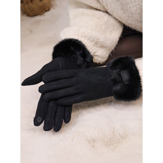 RĘKAWICZKI DZIANINOWE  Z FUTERKIEM I NASZYWKĄ- CZARNY ze sklepu olika.com.pl w kategorii Rękawiczki damskie - zdjęcie 187690134