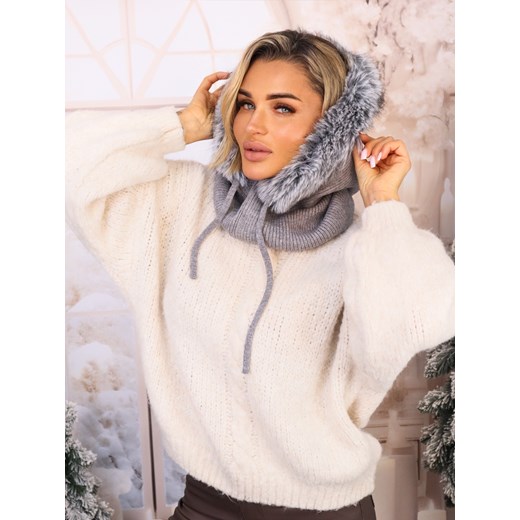 KOMIN/KAPTUR Z FUTERKIEM I ŚCIAGACZAMI- SZARY ze sklepu olika.com.pl w kategorii Czapki zimowe damskie - zdjęcie 187690140