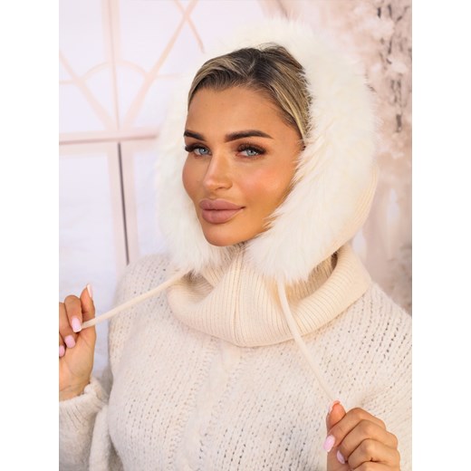 KOMIN/KAPTUR Z FUTERKIEM I ŚCIAGACZAMI- EKRI ze sklepu olika.com.pl w kategorii Czapki zimowe damskie - zdjęcie 187690151