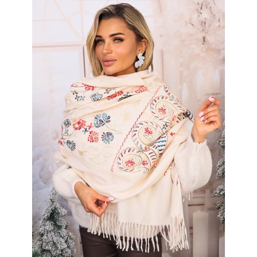SZAL DZIANINOWY Z HAFTEM KWIATOWYM I FRĘDZLAMI- BEŻOWY ze sklepu olika.com.pl w kategorii Szaliki i chusty damskie - zdjęcie 187690152