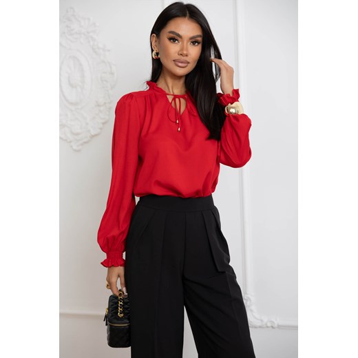 BLUZKA Z FALBANKĄ POD SZYJĄ I NA RĘKAWACH- CZERWONA Olika L/XL olika.com.pl
