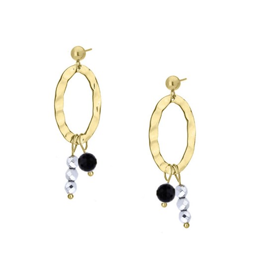 Srebrny hematyt i turmalin młotkowane złote kolczyki wiszące z kamieniami ze sklepu manoki.pl w kategorii Kolczyki - zdjęcie 187690262