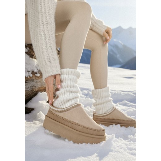 Ciemnobeżowe Śniegowce Ocieplone na Platformie z Ozdobnym Wyszywaniem Reitenna ze sklepu born2be.pl w kategorii Śniegowce damskie - zdjęcie 187695591