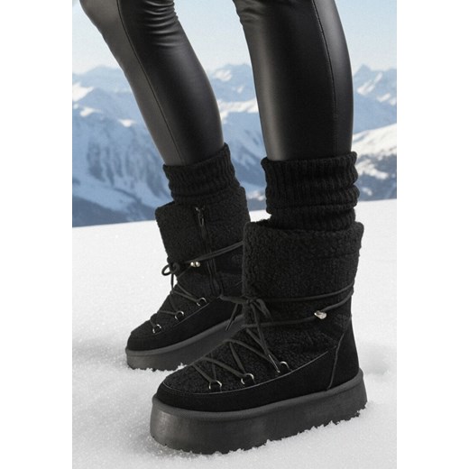 Czarne Śniegowce na Platformie z Futerkiem i Sznurowaniem Fumnanya ze sklepu born2be.pl w kategorii Śniegowce damskie - zdjęcie 187696541