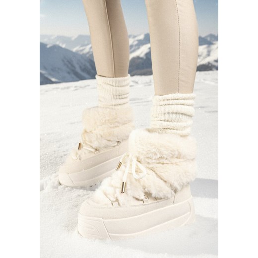 Beżowe Wsuwane Śniegowce na Platformie z Futerkiem i Sznurowaniem Ettarie 38 born2be.pl