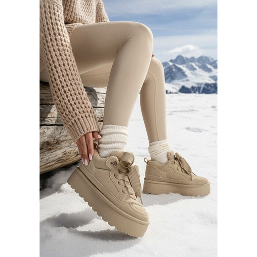 Ciemnobeżowe Sneakersy Vices na Platformie z Ozdobnym Futerkiem Nalirea ze sklepu born2be.pl w kategorii Buty sportowe damskie - zdjęcie 187696583
