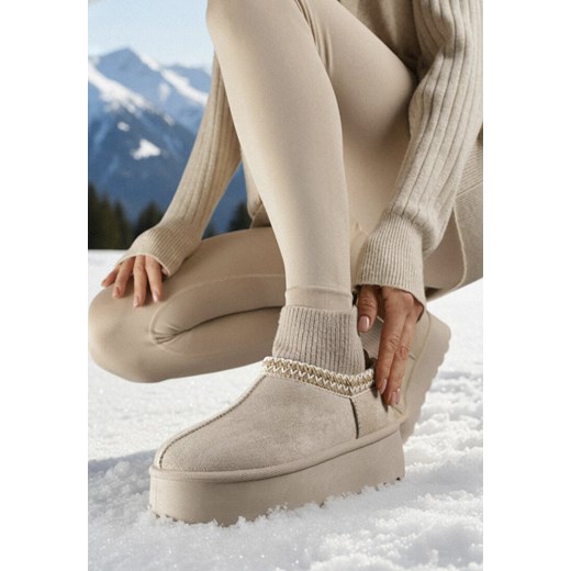 Beżowe Śniegowce VICES na Grubej Podeszwie z Haftem i Skarpetkową Cholewką Enantia ze sklepu born2be.pl w kategorii Śniegowce damskie - zdjęcie 187696594