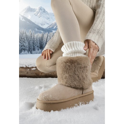 Ciemnobeżowe Śniegowce za Kostkę Mocno Ocieplane z Futerkiem na Platformie Reilanna ze sklepu born2be.pl w kategorii Śniegowce damskie - zdjęcie 187696691