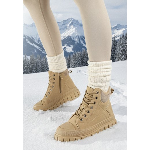 Beżowe Botki Vices na Grubej Tłoczonej Podeszwie ze Sznurowaniem i Ozdobnymi Przeszyciami Savethira ze sklepu born2be.pl w kategorii Botki - zdjęcie 187700034