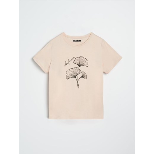 Sinsay - Bawełniana koszulka z nadrukiem - beżowy ze sklepu Sinsay w kategorii Bluzki damskie - zdjęcie 187700260