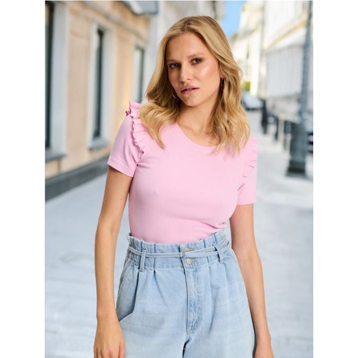 Sinsay - Koszulka z falbanami na rękawach - różowy ze sklepu Sinsay w kategorii Bluzki damskie - zdjęcie 187700282