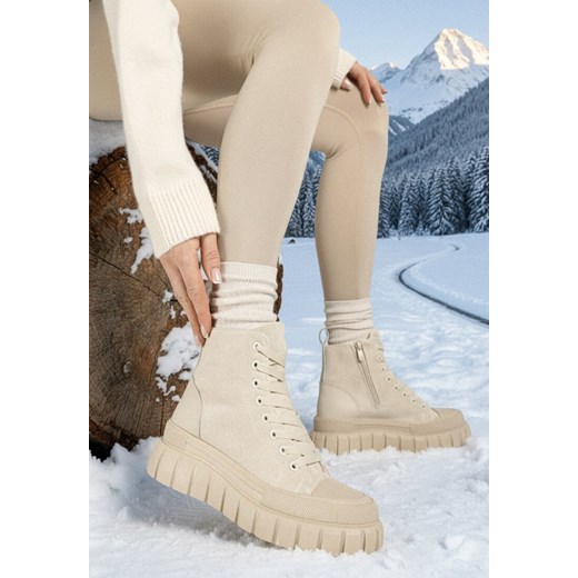 Beżowe Sznurowane Botki na Platformie Novita ze sklepu born2be.pl w kategorii Workery damskie - zdjęcie 187700532