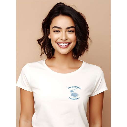 WOOOP Koszulka &quot;Eat spaghetti to forgetti&quot; w kolorze białym ze sklepu Limango Polska w kategorii Bluzki damskie - zdjęcie 187711001