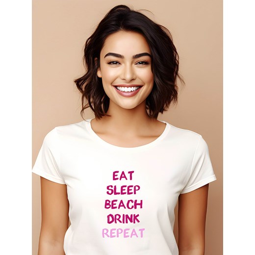 WOOOP Koszulka &quot;Eat sleep beach drink repeat&quot; w kolorze biało-różowym ze sklepu Limango Polska w kategorii Bluzki damskie - zdjęcie 187711002