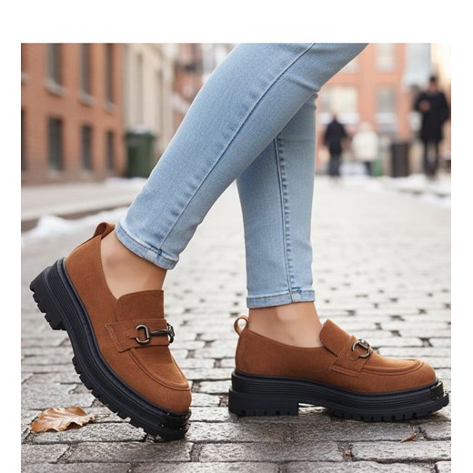 Karmelowe półbuty loafersy na platformie /G6-2 18486 T200/ ze sklepu Pantofelek24.pl w kategorii Półbuty damskie - zdjęcie 187760852