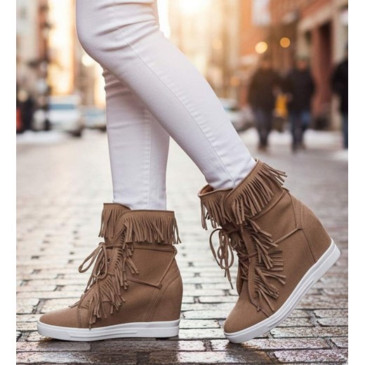 Brązowe trampki damskie na ukrytym koturnie /G12-3 18482 T292/ ze sklepu Pantofelek24.pl w kategorii Botki - zdjęcie 187778713